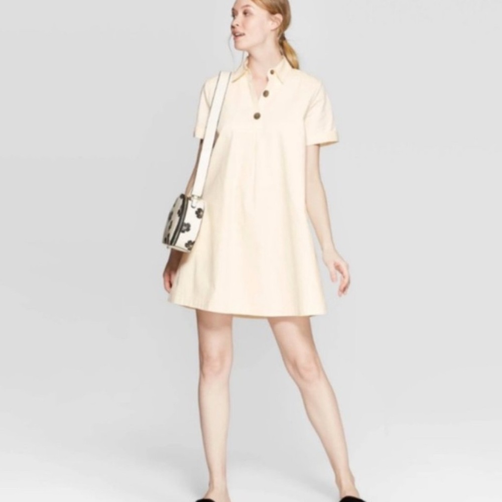 Who What Wear Cream Collared‎ Short Sleeve Minimalist Clean Look Dress XS